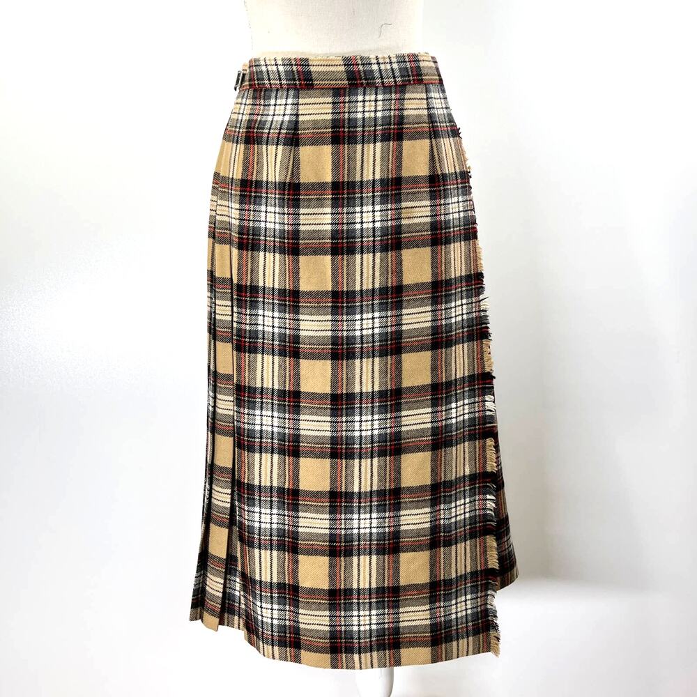 Vintage Plaid Tartan Irish Wool Midi Pleated Wrap Skirt Tan